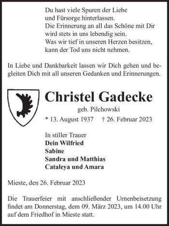 Traueranzeige von Christel Gadecke (geb. Pilchowski)  von Magdeburger Volksstimme