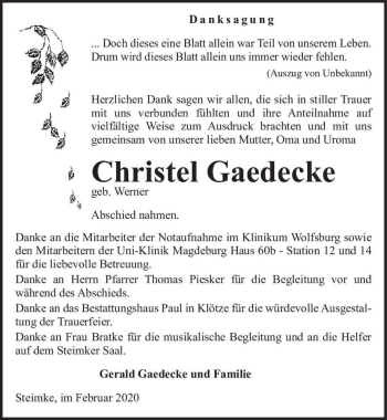 Traueranzeige von Christel Gaedecke (geb. Werner)  von Magdeburger Volksstimme
