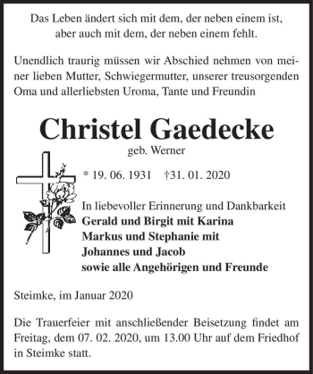 Traueranzeige von Christel Gaedecke (geb. Werner)  von Magdeburger Volksstimme