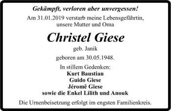Traueranzeige von Christel Giese (geb. Janik)  von Magdeburger Volksstimme