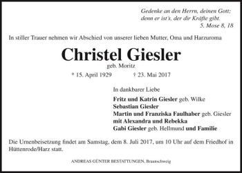 Traueranzeige von Christel Giesler (geb. Moritz)  von Magdeburger Volksstimme