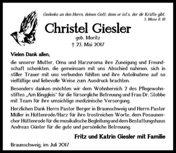 Traueranzeige von Christel Giesler (geb. Moritz)  von Magdeburger Volksstimme