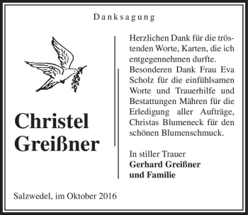 Traueranzeige von Christel Greißner  von Magdeburger Volksstimme