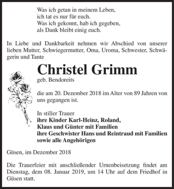 Traueranzeige von Christel Grimm (geb. Bendoreits)  von Magdeburger Volksstimme