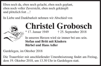 Traueranzeige von Christel Grobosch  von Magdeburger Volksstimme