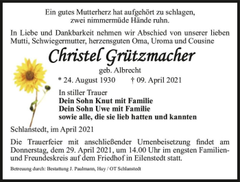 Traueranzeige von Christel Grützmacher (geb. Albrecht)  von Magdeburger Volksstimme