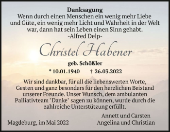 Traueranzeige von Christel Habener (geb. Schößler)  von Magdeburger Volksstimme