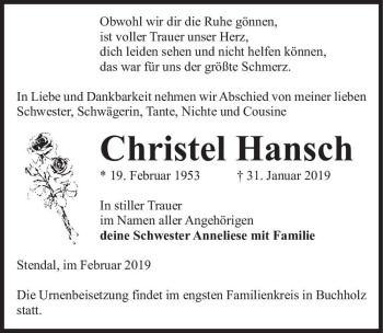 Traueranzeige von Christel Hansch  von Magdeburger Volksstimme