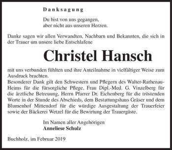 Traueranzeige von Christel Hansch  von Magdeburger Volksstimme