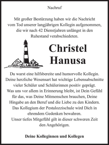 Traueranzeige von Christel Hanusa  von Magdeburger Volksstimme