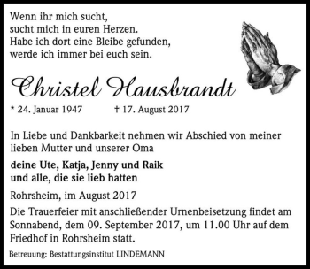 Traueranzeige von Christel Hausbrandt  von Magdeburger Volksstimme