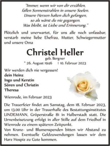 Traueranzeige von Christel Heller (geb. Bergner)  von Magdeburger Volksstimme