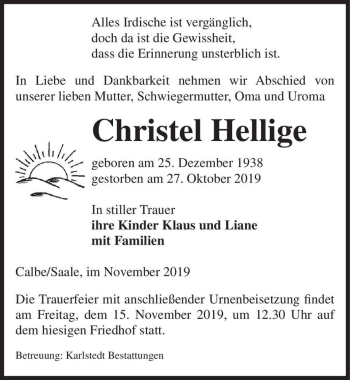 Traueranzeige von Christel Hellige  von Magdeburger Volksstimme