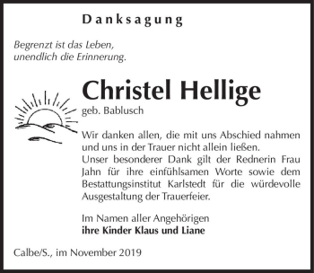Traueranzeige von Christel Hellige (geb. Bablusch)  von Magdeburger Volksstimme