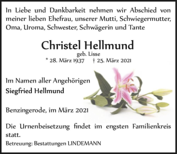 Traueranzeige von Christel Hellmund (geb. Lisse)  von Magdeburger Volksstimme
