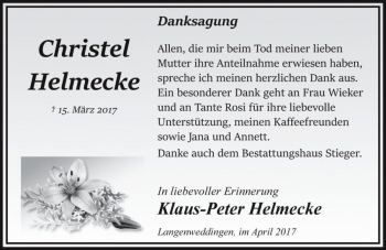 Traueranzeige von Christel Helmecke  von Magdeburger Volksstimme