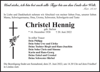 Traueranzeige von Christel Hennig (geb. Stelzer)  von Magdeburger Volksstimme