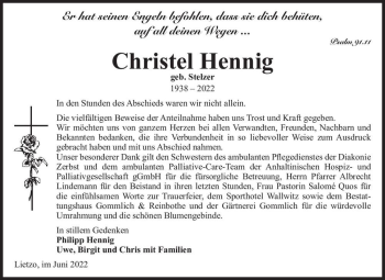 Traueranzeige von Christel Hennig (geb. Stelzer)  von Magdeburger Volksstimme