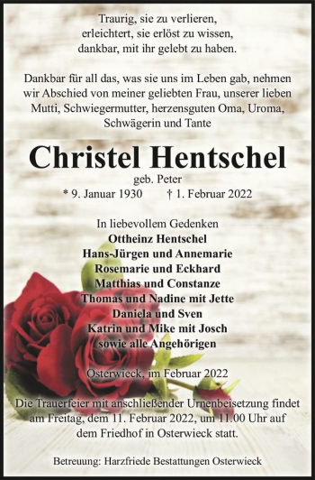 Traueranzeige von Christel Hentschel (geb. Peter)  von Magdeburger Volksstimme