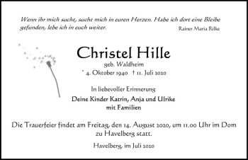 Traueranzeige von Christel Hille (geb. Waldheim)  von Magdeburger Volksstimme