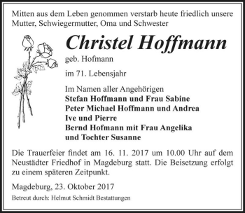 Traueranzeige von Christel Hoffmann (geb. Hofmann)  von Magdeburger Volksstimme