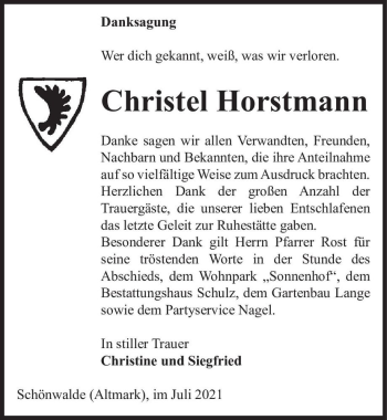 Traueranzeige von Christel Horstmann  von Magdeburger Volksstimme