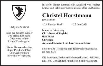 Traueranzeige von Christel Horstmann (geb. Masuth)  von Magdeburger Volksstimme