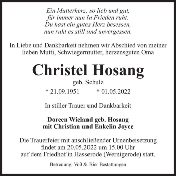 Traueranzeige von Christel Hosang (geb. Schulz)  von Magdeburger Volksstimme