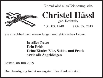 Traueranzeige von Christel Hässl (geb. Redetzky)  von Magdeburger Volksstimme
