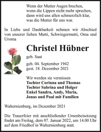 Traueranzeige von Christel Hübner (geb. Saat)  von Magdeburger Volksstimme