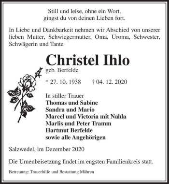 Traueranzeige von Christel Ihlo (geb. Berfelde)  von Magdeburger Volksstimme