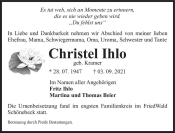Traueranzeige von Christel Ihlo (geb. Kramer)  von Magdeburger Volksstimme