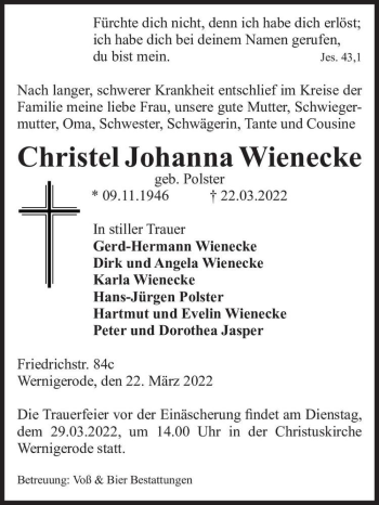 Traueranzeige von Christel Johanna Wienecke (geb. Polster)  von Magdeburger Volksstimme