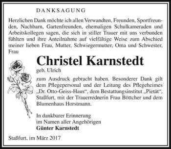 Traueranzeige von Christel Karnstedt (geb. Ulrich)  von Magdeburger Volksstimme