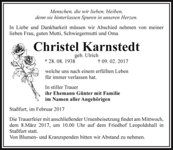Traueranzeige von Christel Karnstedt (geb. Ulrich)  von Magdeburger Volksstimme