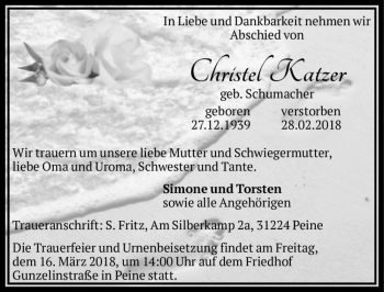 Traueranzeige von Christel Katzer (geb. Schumacher)  von Magdeburger Volksstimme
