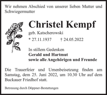 Traueranzeige von Christel Kempf (geb. Katscherowski)  von Magdeburger Volksstimme