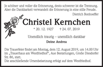 Traueranzeige von Christel Kernchen  von Magdeburger Volksstimme