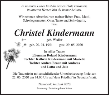 Traueranzeige von Christel Kindermann (geb. Wedler)  von Magdeburger Volksstimme