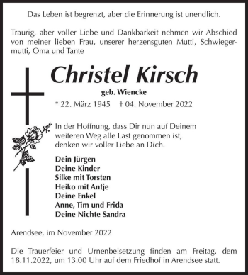 Traueranzeige von Christel Kirsch (geb. Wiencke)  von Magdeburger Volksstimme