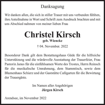 Traueranzeige von Christel Kirsch (geb. Wiencke)  von Magdeburger Volksstimme