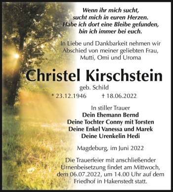 Traueranzeige von Christel Kirschstein (geb. Schild)  von Magdeburger Volksstimme