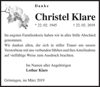 Traueranzeige von Christel Klare  von Magdeburger Volksstimme