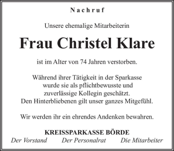Traueranzeige von Christel Klare  von Magdeburger Volksstimme
