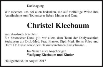 Traueranzeige von Christel Kleebaum  von Magdeburger Volksstimme