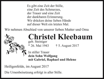 Traueranzeige von Christel Kleebaum (geb. Steiniger)  von Magdeburger Volksstimme