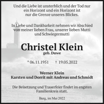 Traueranzeige von Christel Klein (geb. Duwe)  von Magdeburger Volksstimme