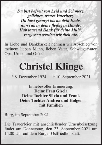 Traueranzeige von Christel Klinge  von Magdeburger Volksstimme