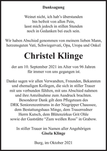 Traueranzeige von Christel Klinge  von Magdeburger Volksstimme