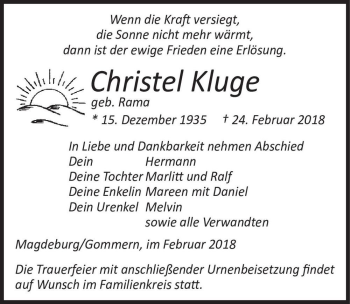 Traueranzeige von Christel Kluge (geb. Rama)  von Magdeburger Volksstimme
